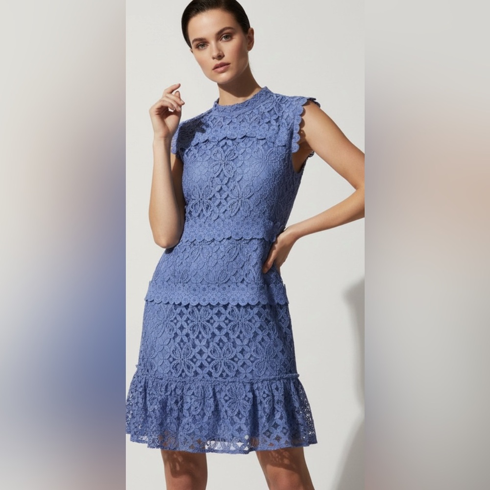 Julia Jordan Dress Light Blue Crocheted Floral Lace High Neck Sleeveless 12👍